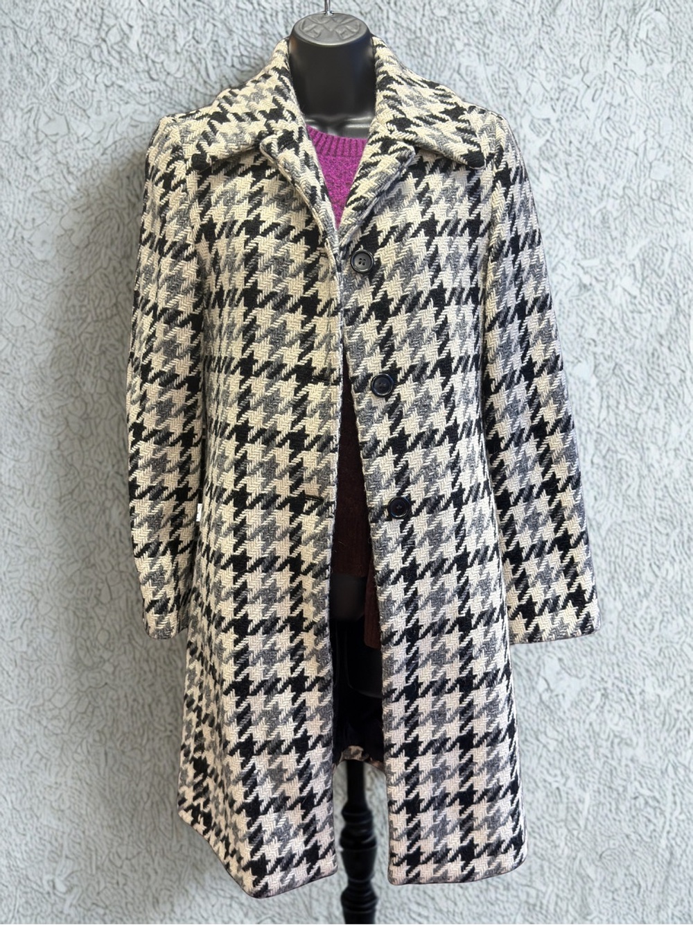 Benetton!! Vintage Houndstooth Wool-Blend Coat - Black & White